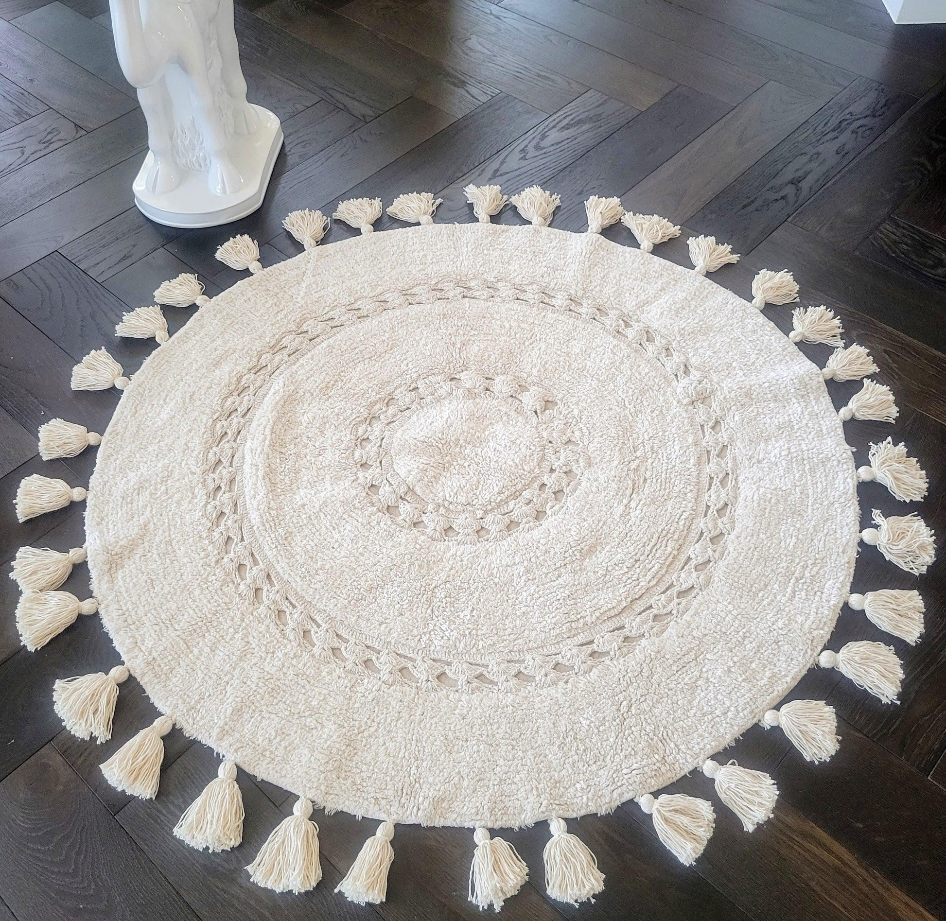 100% Non-Toxic Cotton Boho Round Crocheted Bath Rug with Tassels - Extra  Large