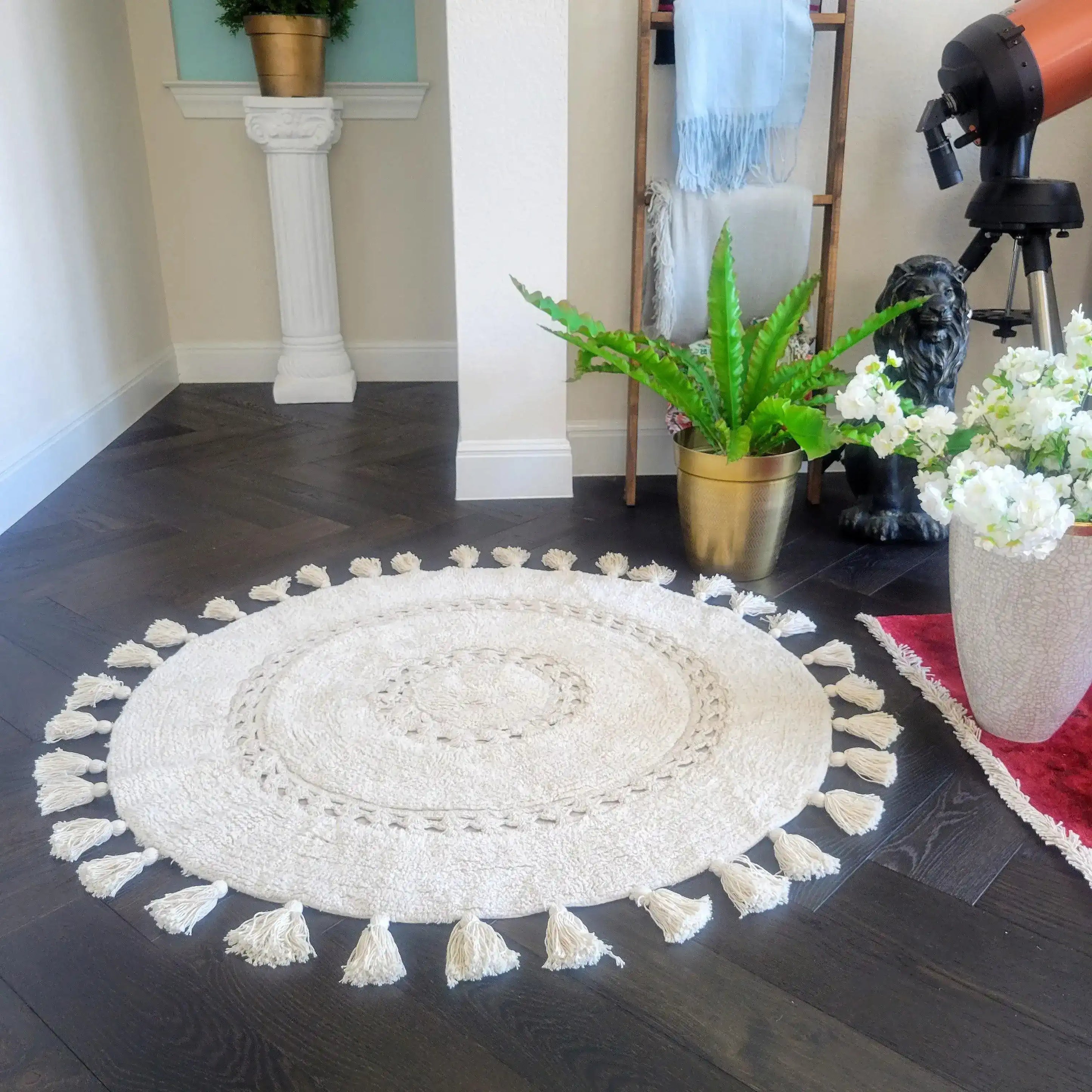 100 NonToxic Cotton Boho Round Crocheted Bath Rug with Tassels