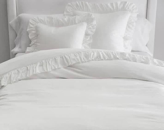 100% Pure Linen Ruffle Duvet Cover Set - White - MAIA HOMES