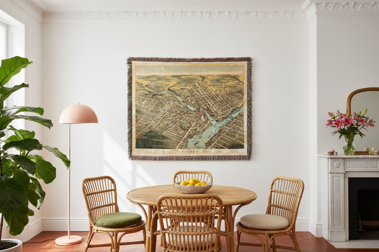A large framed vintage map print of a city hangs on a white wall in a styled dining room with a round wooden table, four wicker chairs, a pink floor lamp, and a fireplace with flowers.