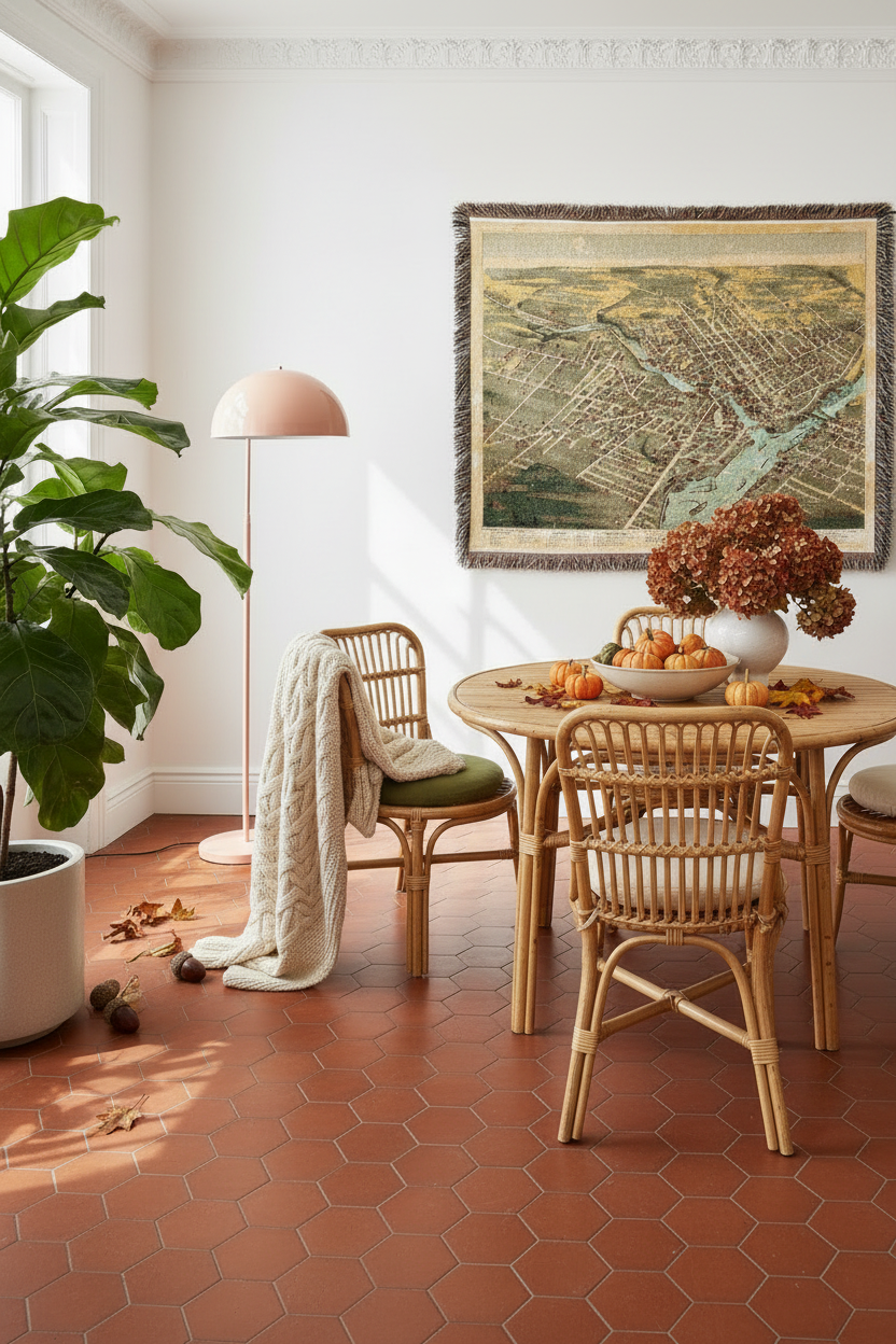 A styled dining room corner with a round wooden table, woven chairs, a floor lamp, a large potted plant, and a framed vintage map on the wall. The room has terracotta hexagonal floor tiles and warm sunlight streaming in from a window.