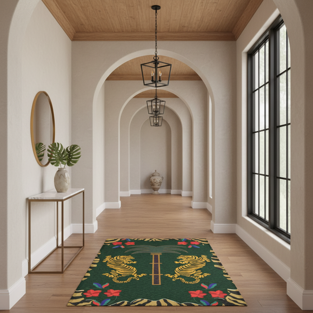 A green rectangular area rug with two golden lions, red flowers, and a central gold trident lies on a light wood floor in a bright hallway with arched walls and large black-framed windows.