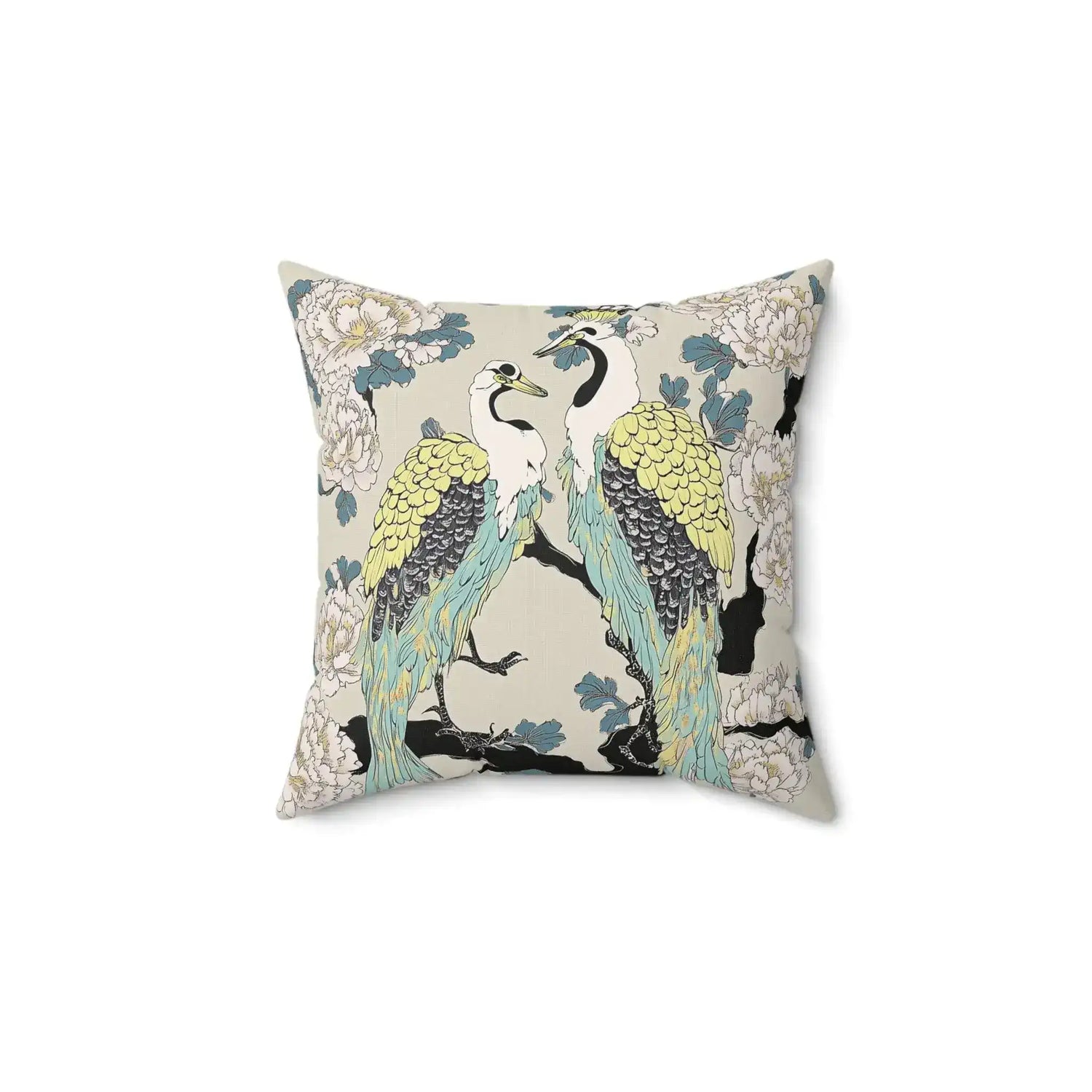 Majestic Cranes & Peonies Throw Pillow