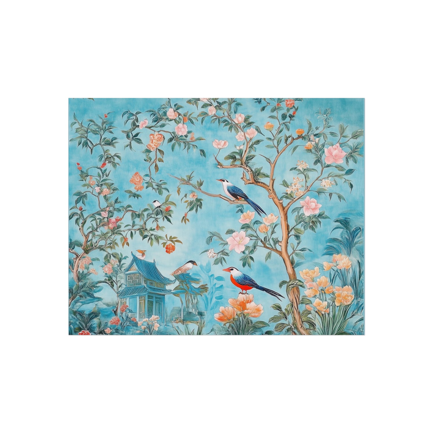 Chinoiserie Birds and Pagoda Fine Art Poster - Blue