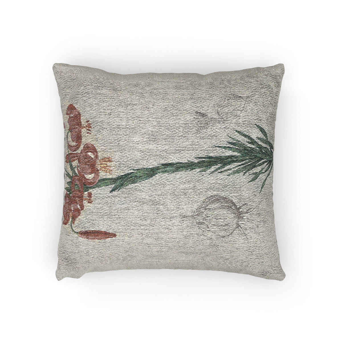 A square decorative throw pillow in a textured light gray fabric, featuring a botanical design with red flowers, green leaves, and subtle gray abstract shapes.
