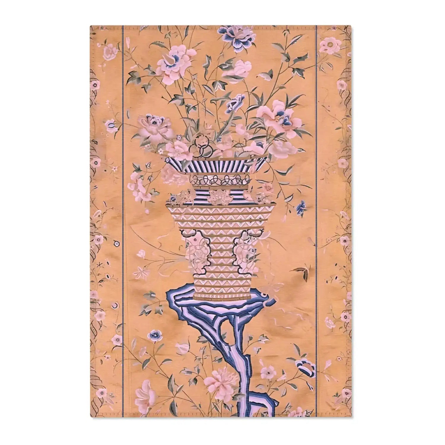 Golden Floral Vase Accent Rug with Blue Border