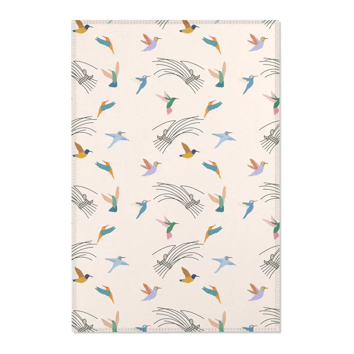 Patterned rug with colorful bird design on a beige background