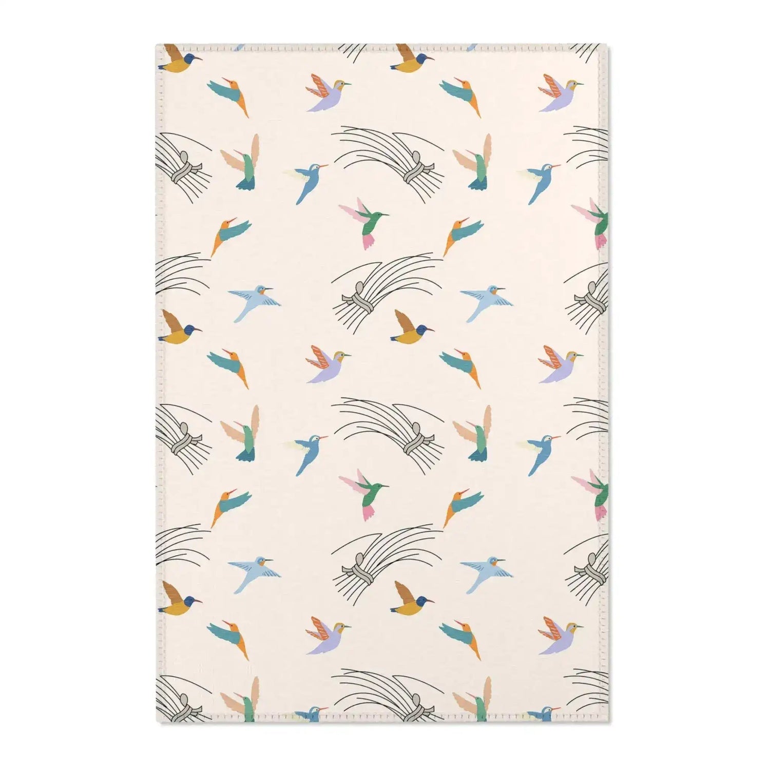 Patterned rug with colorful bird design on a beige background