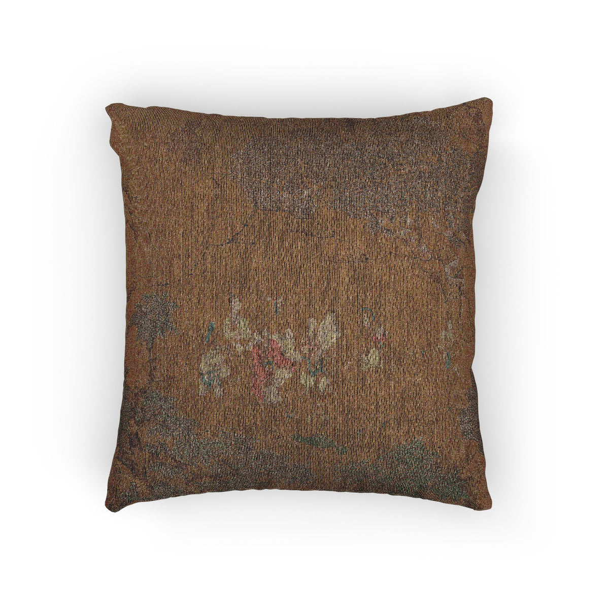 A square throw pillow featuring a distressed, vintage-style woven pattern in earthy brown, beige, and muted pink accents, shown against a plain white background.