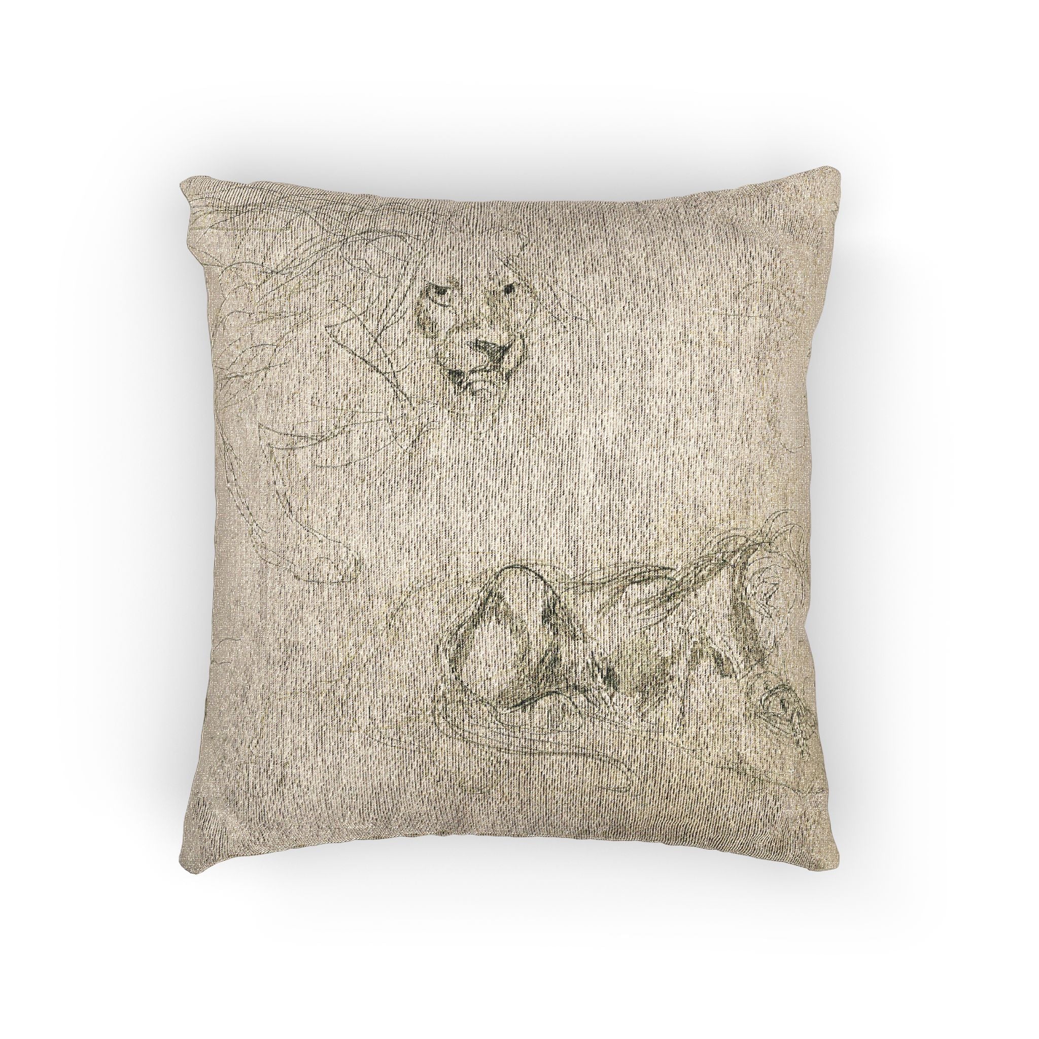 A square throw pillow featuring a textured beige linen-like fabric with a dark gray sketch of a lion on the front, shown against a plain white background.