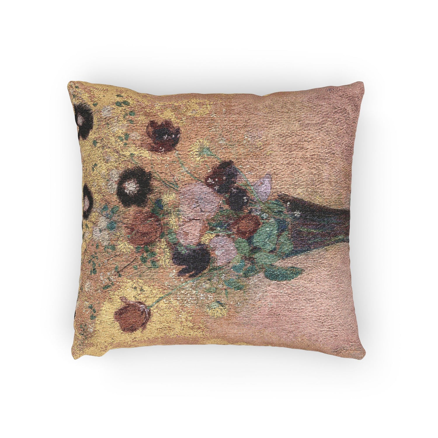 A square decorative throw pillow featuring a textured, painterly print of a floral bouquet in muted gold, pink, brown, and green tones, shown against a plain white background.