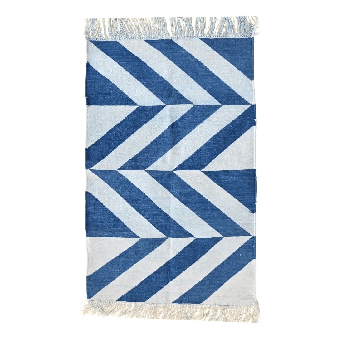 Handwoven Blue and White Chevron Cotton Rug with Fringes