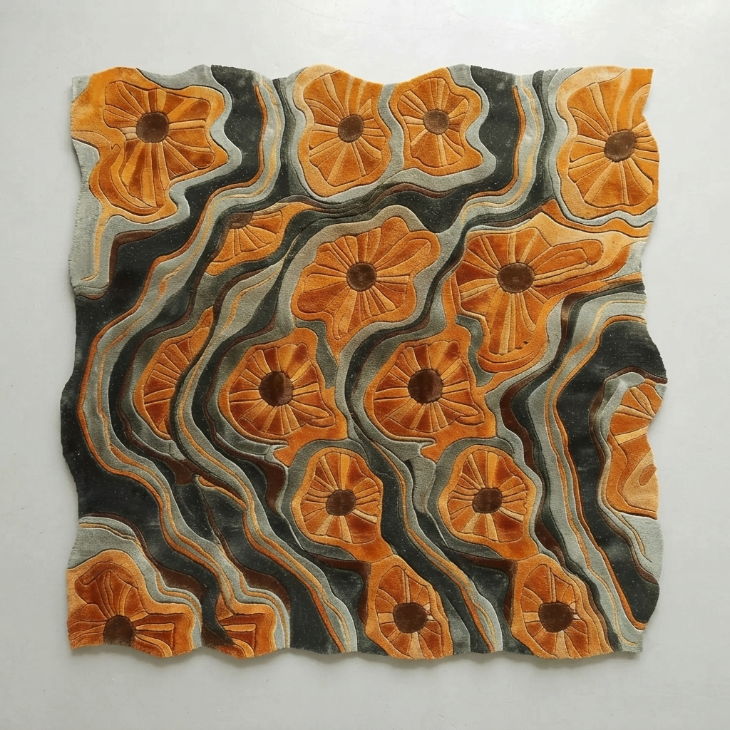 A square abstract artwork featuring repeating orange flower-like motifs over wavy dark gray and gray-blue lines, photographed against a plain light background.