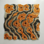 A square abstract artwork featuring repeating orange flower-like motifs over wavy dark gray and gray-blue lines, photographed against a plain light background.