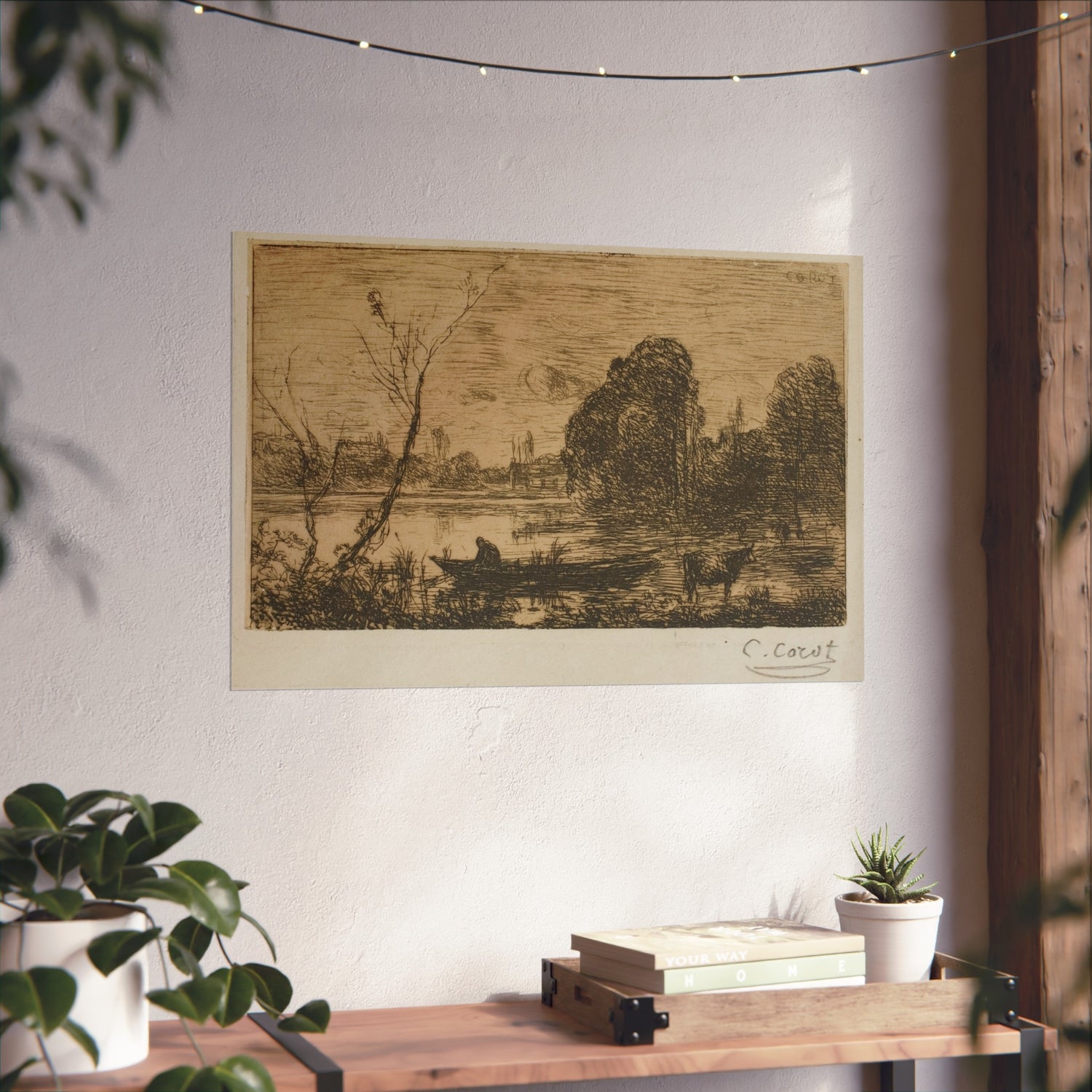 Ville d'Avray Pond with Boatman, Evening - Jean Baptiste Camille Corot Fine Art Poster
