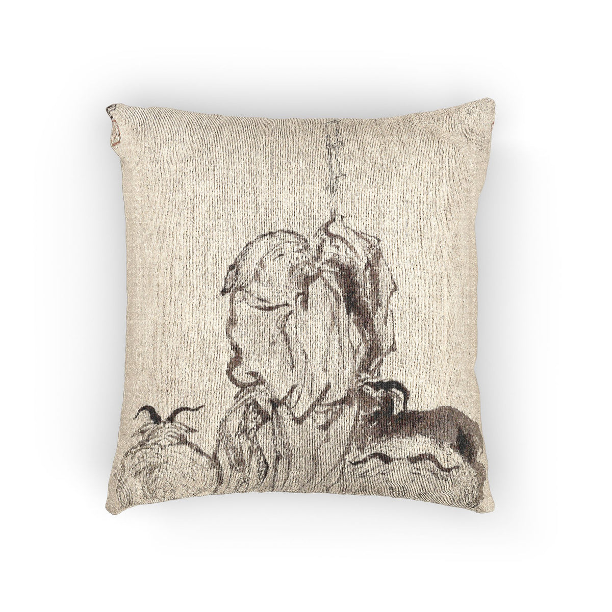 Su Wu the Shepherd pillow featuring a fine line illustration on a beige linen-look cover