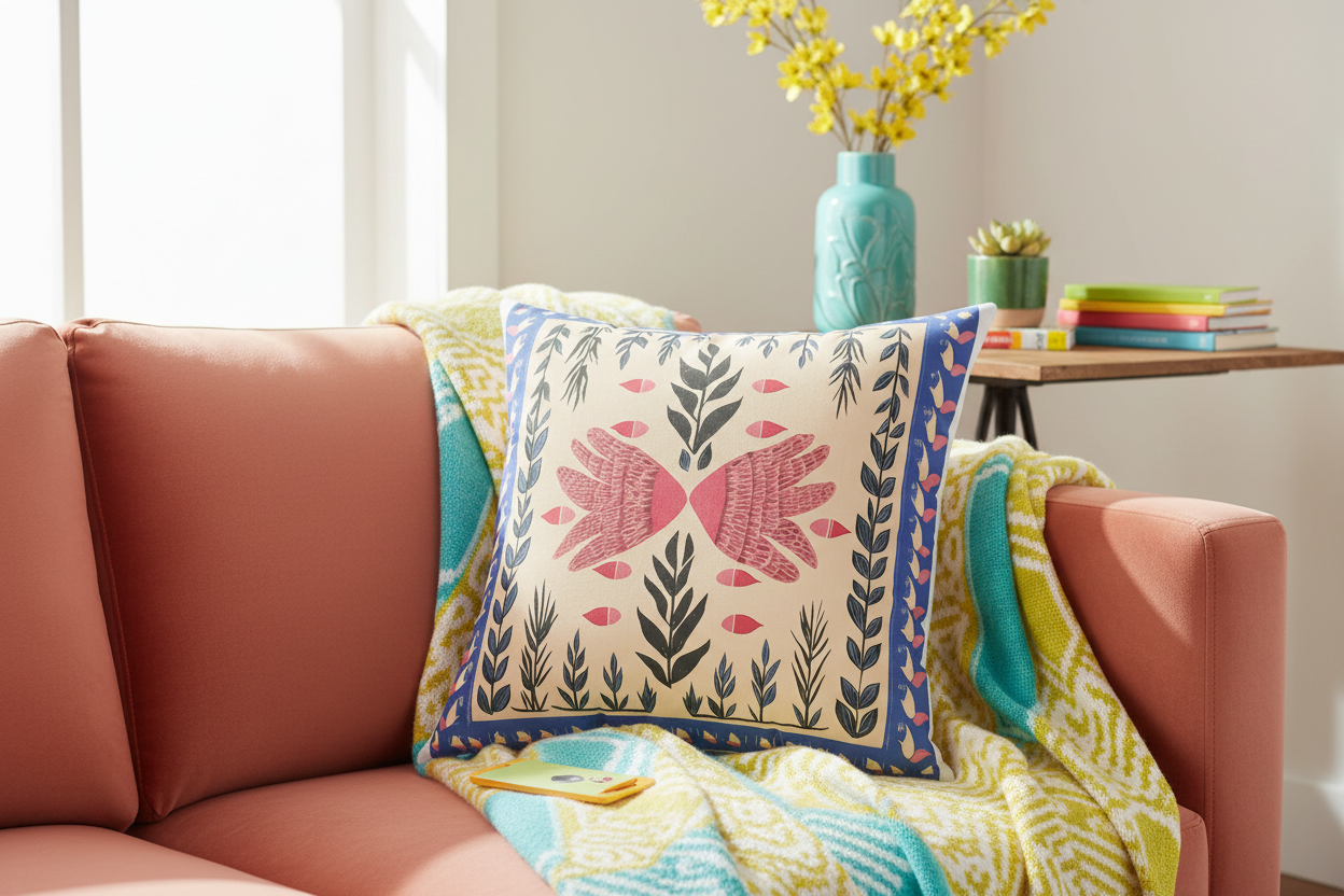 Folk Wings & Foliage Throw Pillow