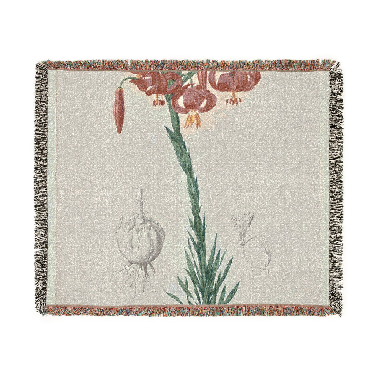 A woven throw blanket featuring a botanical design with reddish-brown flowers, green stems, and subtle sketch-style plant motifs on a light beige background, finished with fringed edges.