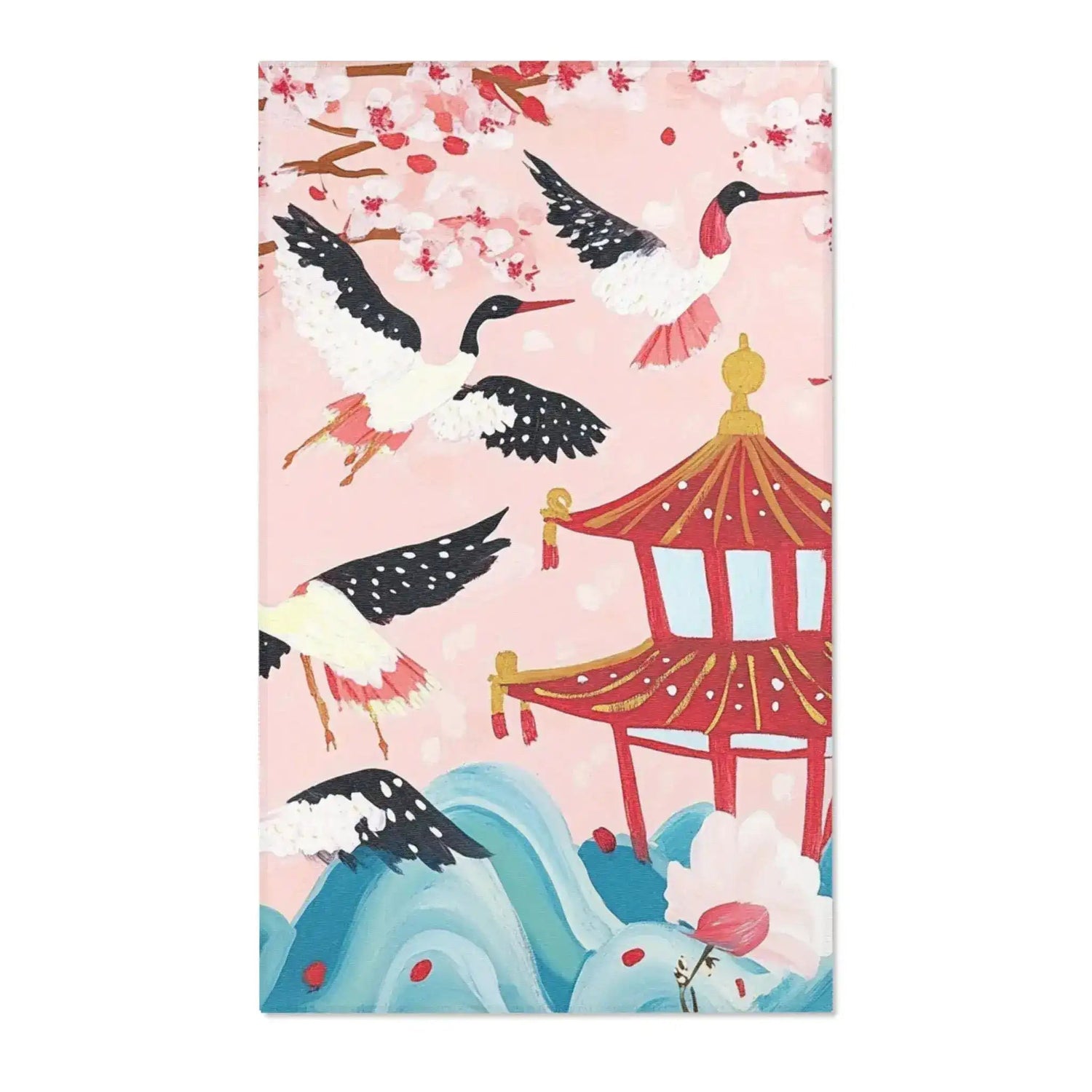 Red Pavilion and Crane Blossom Accent Rug