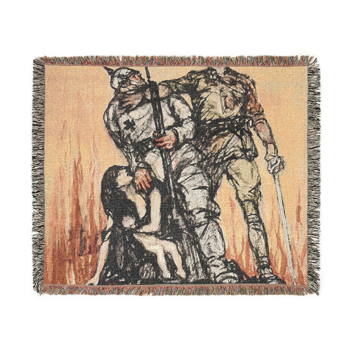A woven throw blanket featuring a graphic illustration of a Viking warrior holding a sword while embracing a kneeling woman, with fringed edges on a white background.