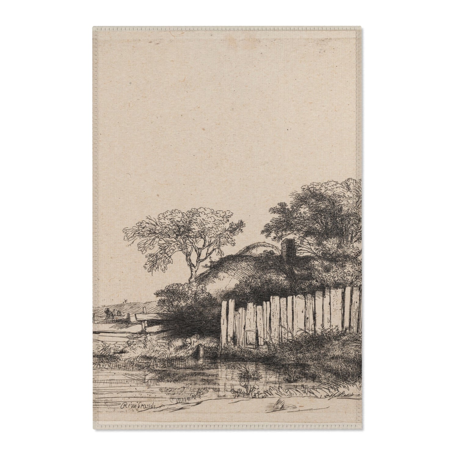 A Cottage with White Paling - Rembrandt van Rijn Area Rug