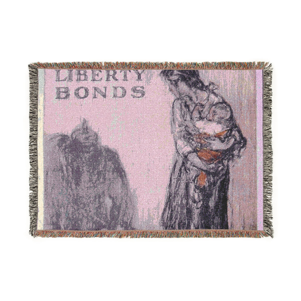 A square woven throw blanket featuring a vintage-style illustration with the text 'LIBERTY BONDS' on a pale pink background, with dark gray figures and fringe around the edges.