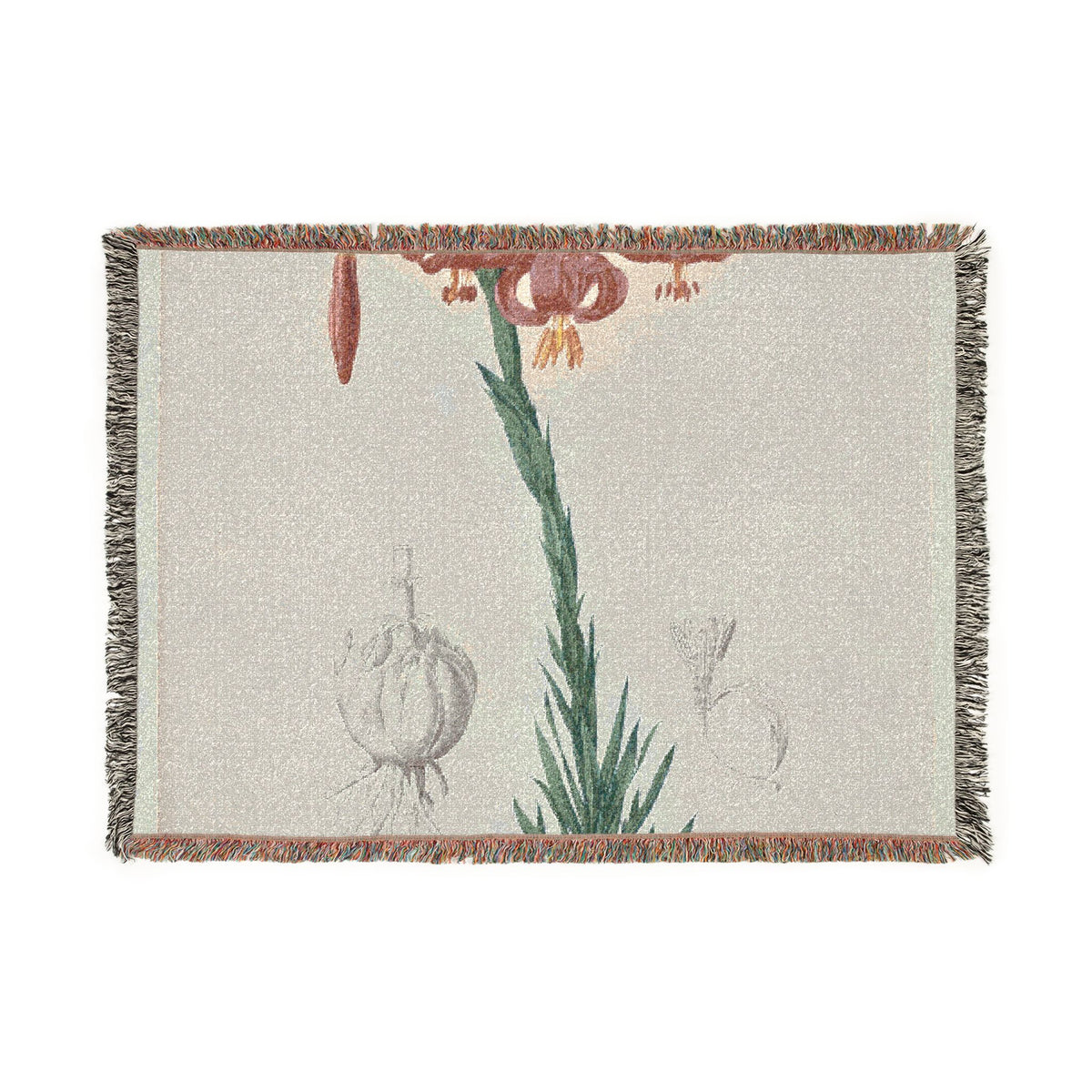 A rectangular woven throw blanket with fringed edges, featuring a botanical design of a red-brown flower, green stem, and light gray bulb motifs on a warm beige background.