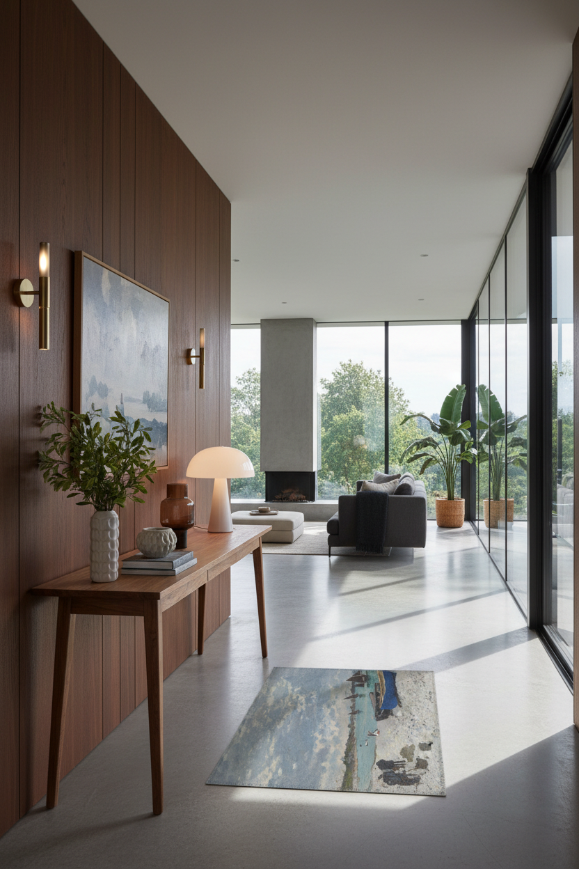 A modern interior hallway with a long wooden console table, wall sconces, framed artwork, and a small rug, leading into a bright living room with large windows and plants.