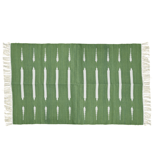 Handwoven Green and White Stripe Cotton Rug with Fringes