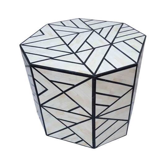 Elevate your space with the Geometric Black Bone Inlay Side Table. Its intricate patterns and sleek design offer modern elegance. Versatile and sturdy, it's a striking addition that effortlessly complements any room.
