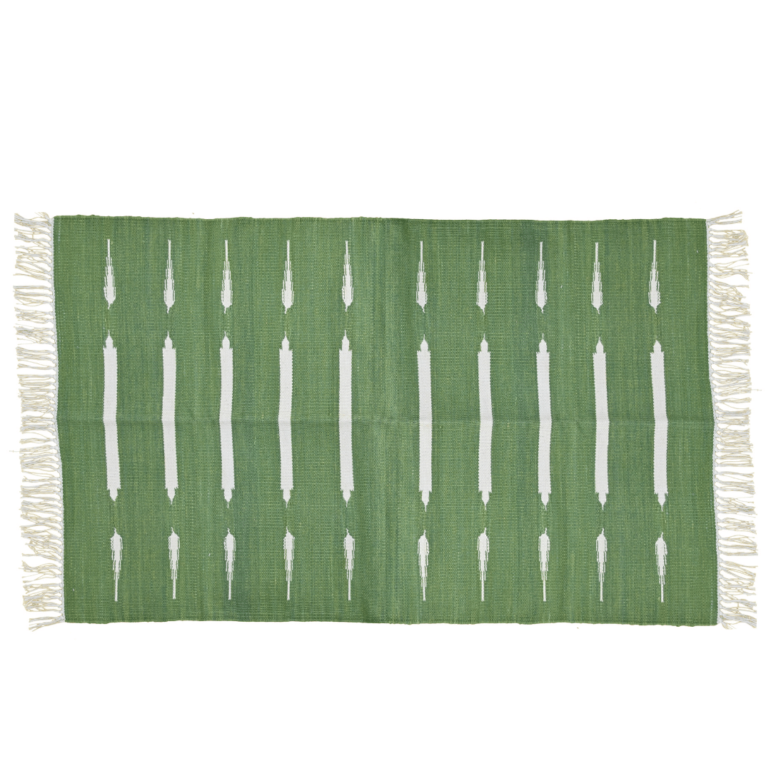 Enhance your space with our Handwoven Green and White Stripe Cotton Rug. Crafted with meticulous care and finished with fringes, it adds a touch of charm and texture to any room. Elevate your decor with its timeless appeal