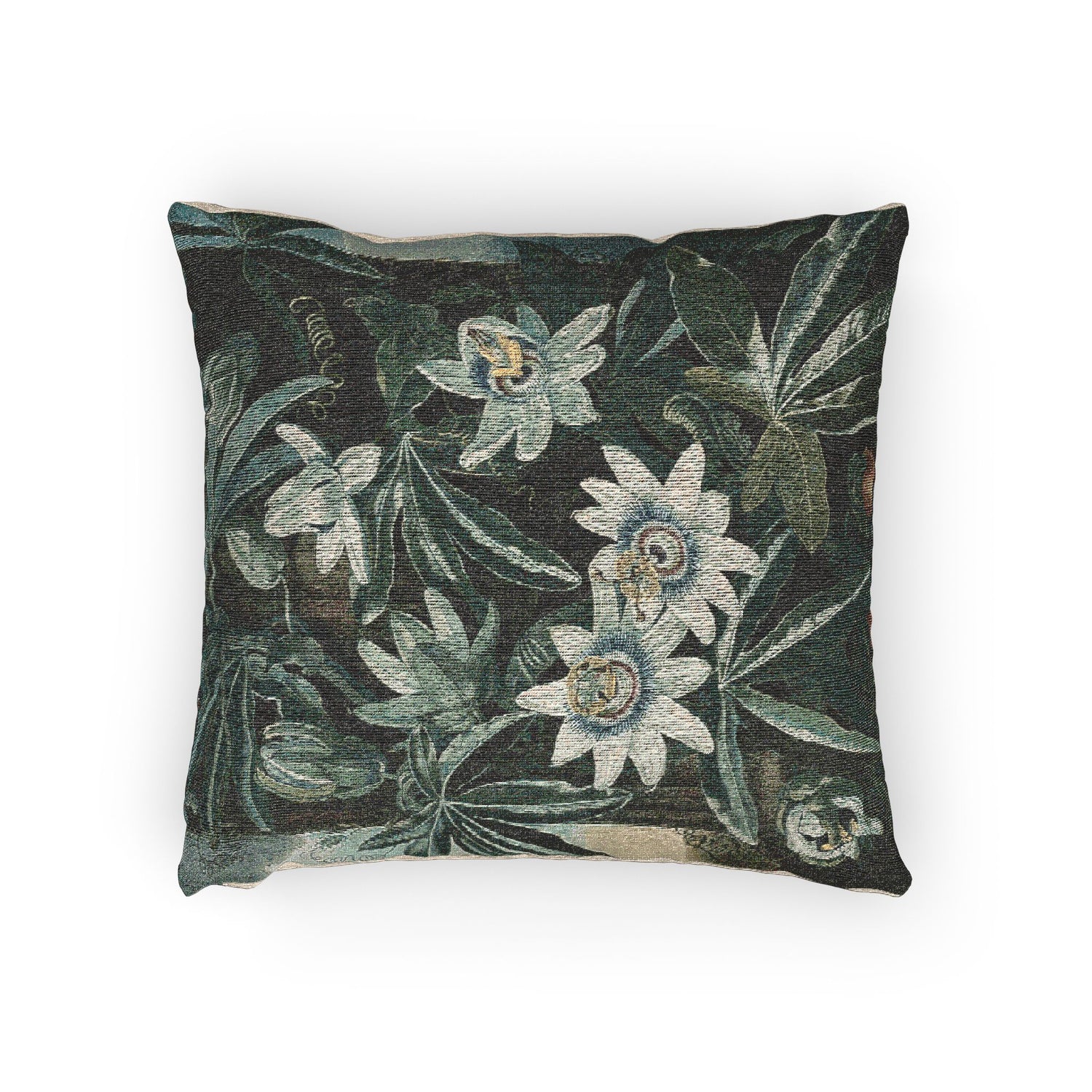 A square decorative throw pillow featuring a botanical tapestry pattern of white flowers and green leaves on a dark background, shown against a plain white studio backdrop.