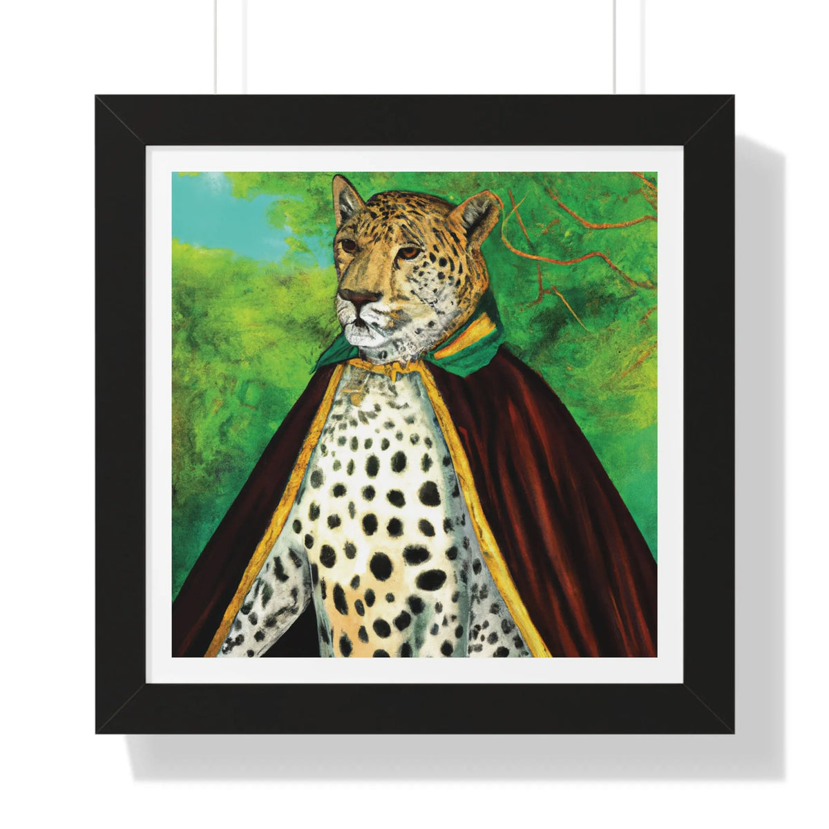 Royal Leopard in Red Robe Framed Poster Wall Art 16″ x 16″ Black