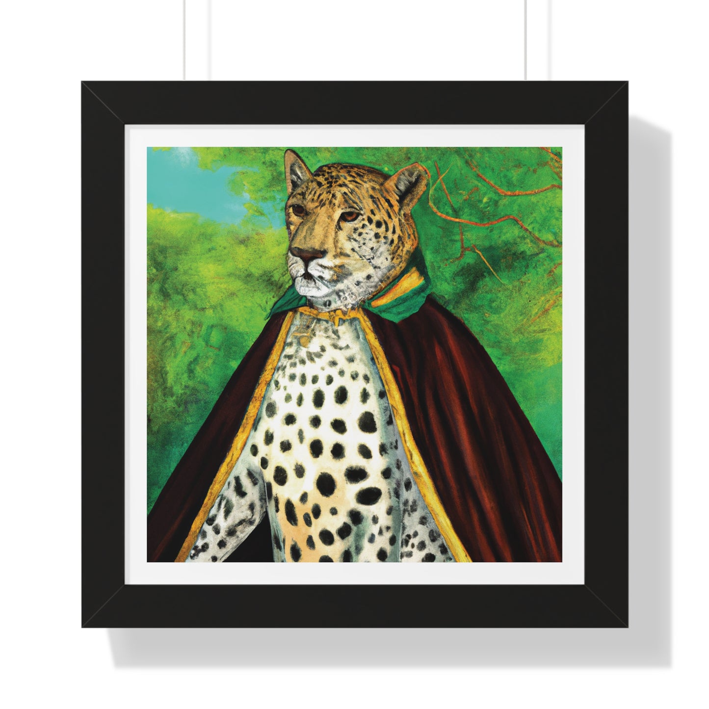 This document introduces the Royal Leopard in Red Robe Framed Poster Wall Art, a captivating piece of decor that combines regality with artistic flair. 