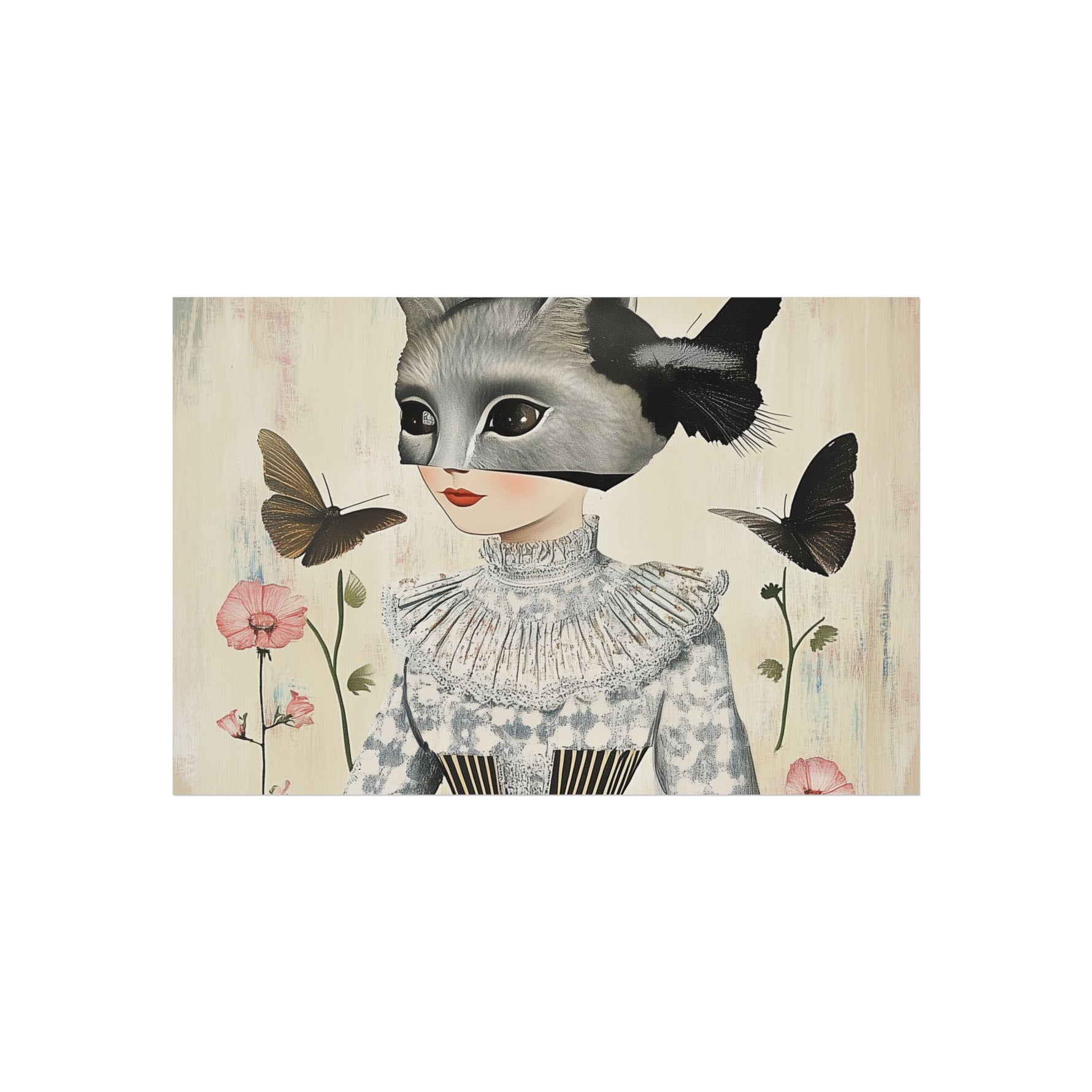 Artistic illustration of a person with a raccoon mask and butterfly wings, surrounded by flowers and plants.
