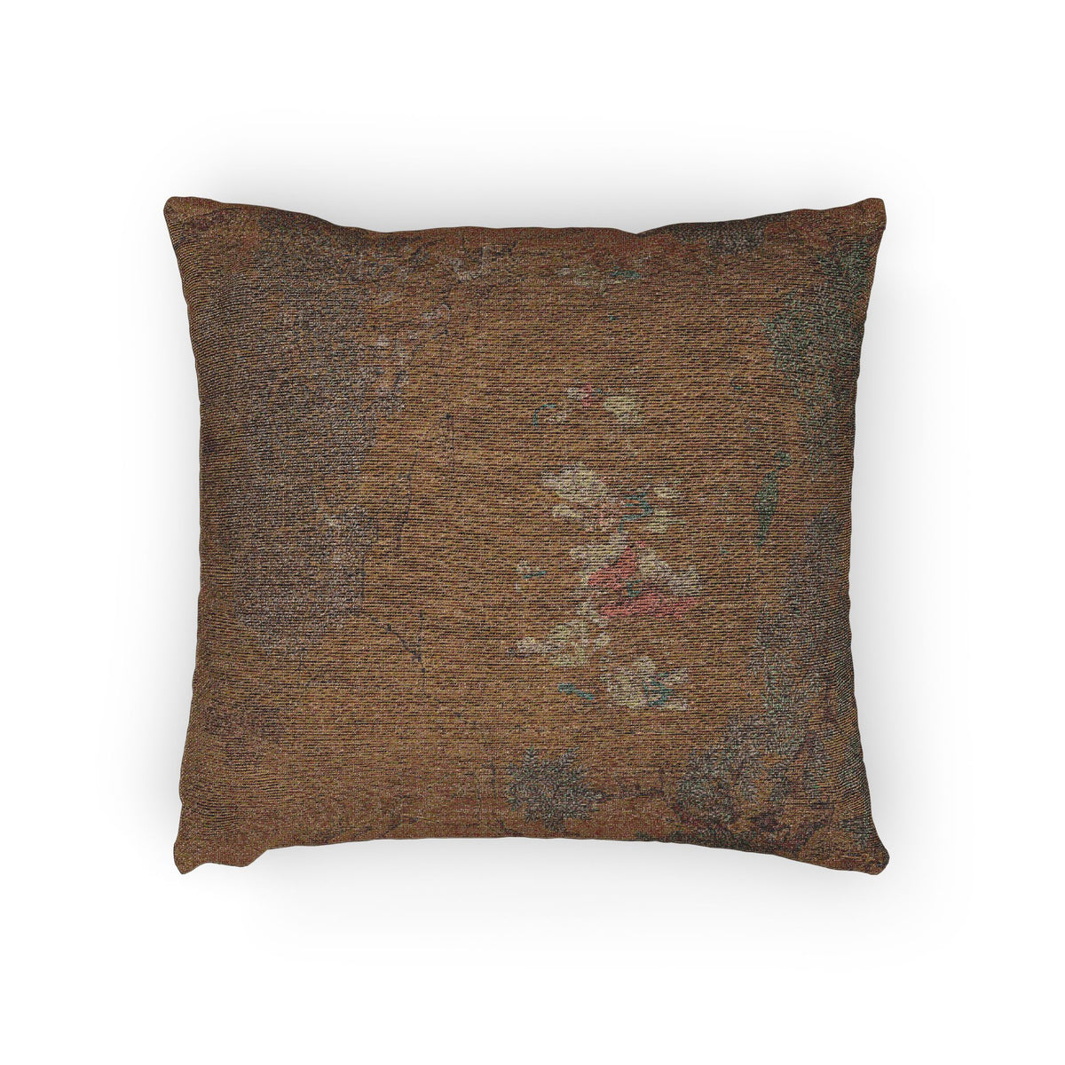 A square throw pillow featuring a distressed, vintage-style woven pattern in earthy brown, gray, and subtle muted red accents, shown against a plain white background.