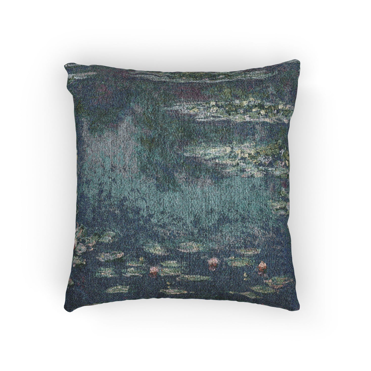 A square throw pillow featuring a woven or embroidered print of a pond scene with water lilies in muted blue-green, teal, and gray tones, shown against a plain white background.