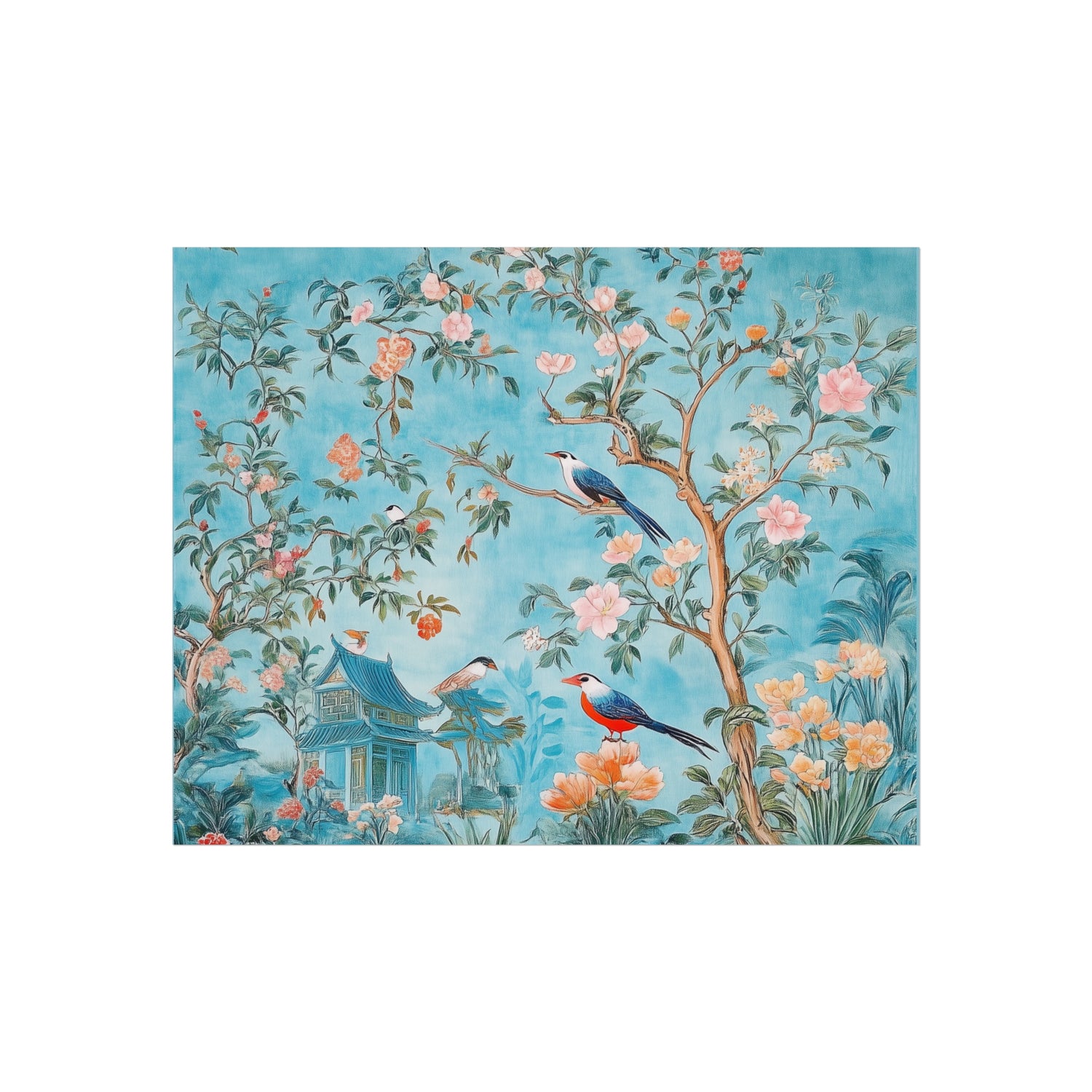 Chinoiserie Birds and Pagoda Fine Art Poster - Blue