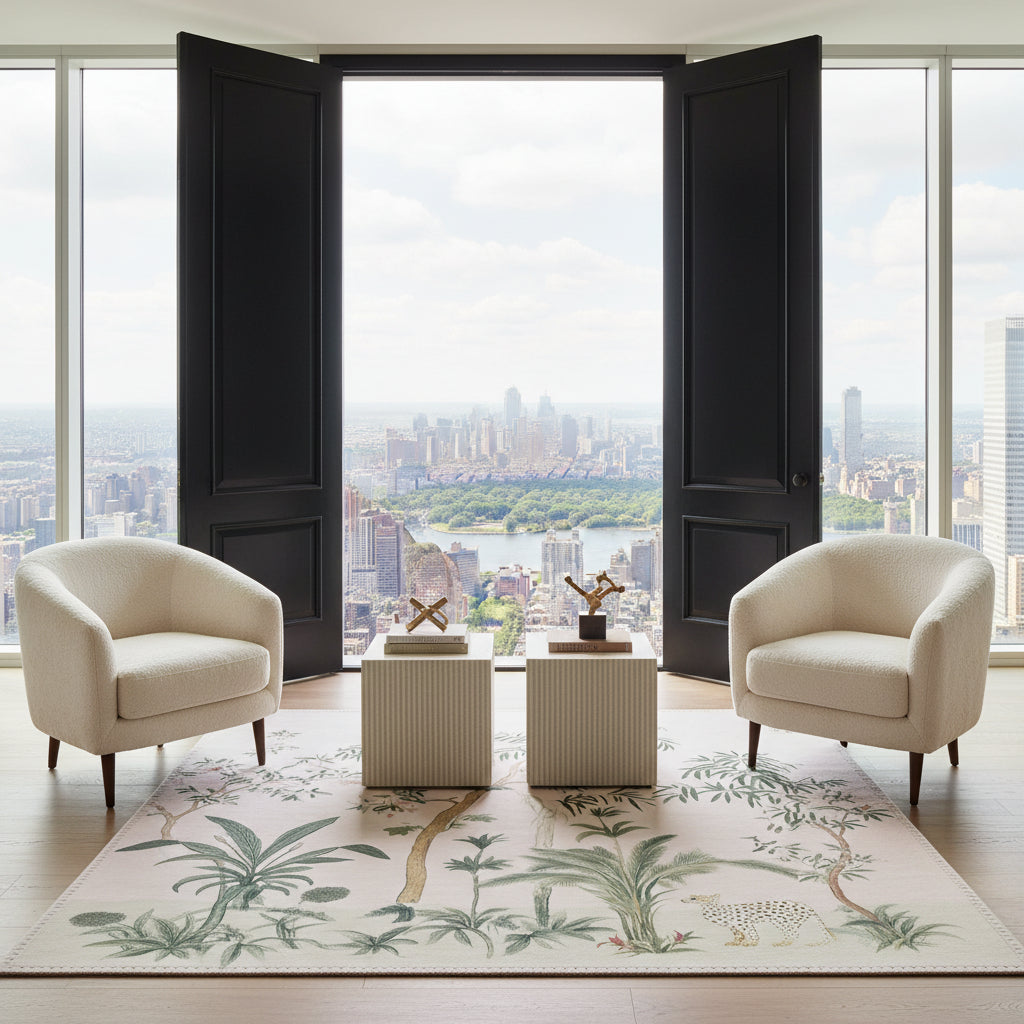 Decorative rug with jungle-themed design featuring trees, birds, and a cheetah on a beige background.