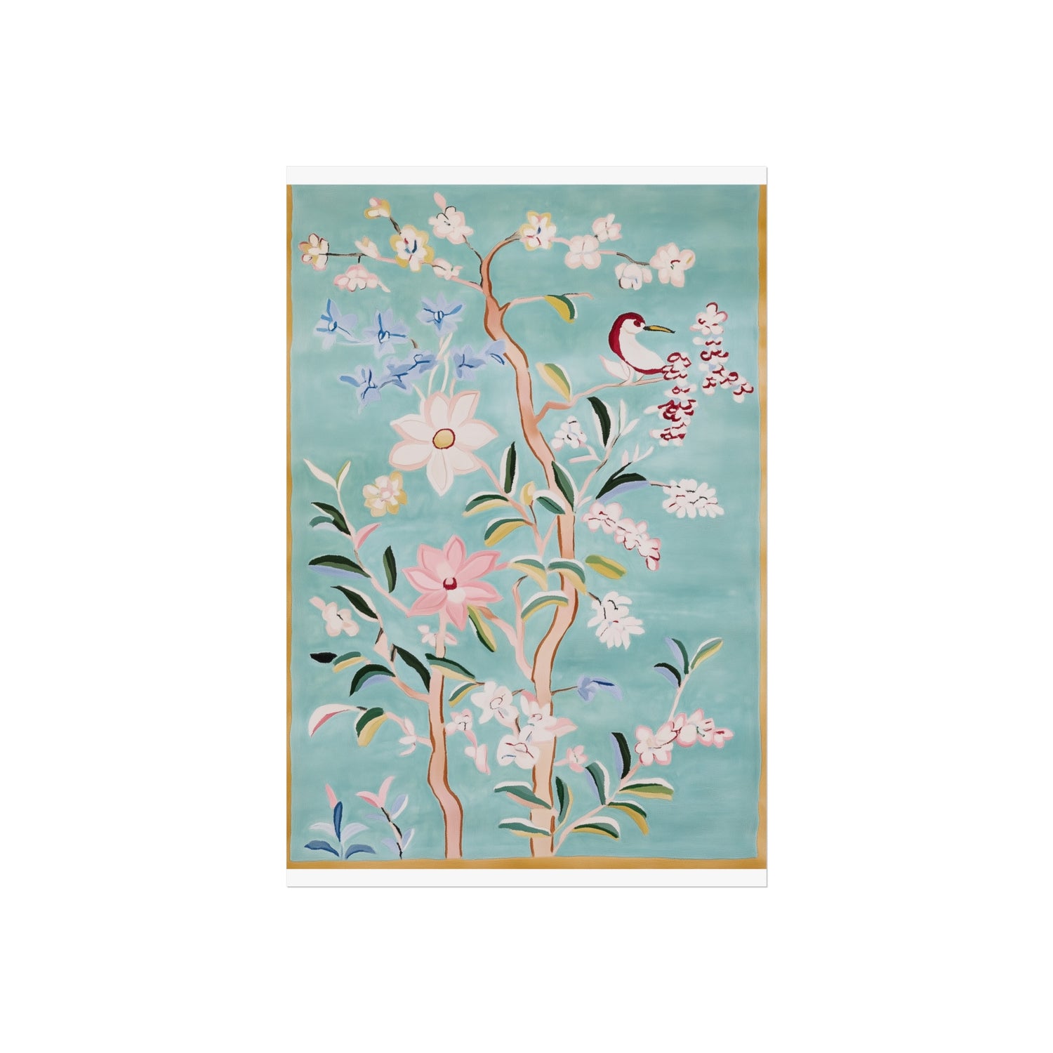 Sky Blue Chinoiserie Birds and Floral Scene Fine Art Poster