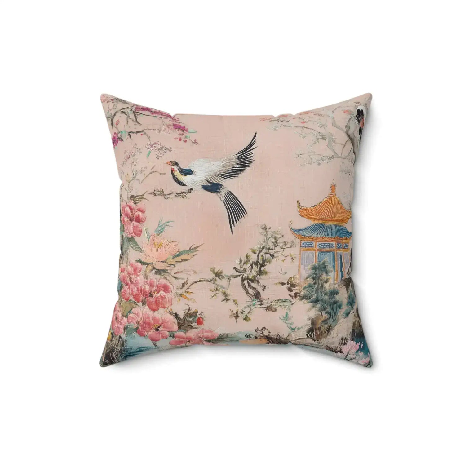 Pink Chinoiserie Garden with Birds Throw Pillow