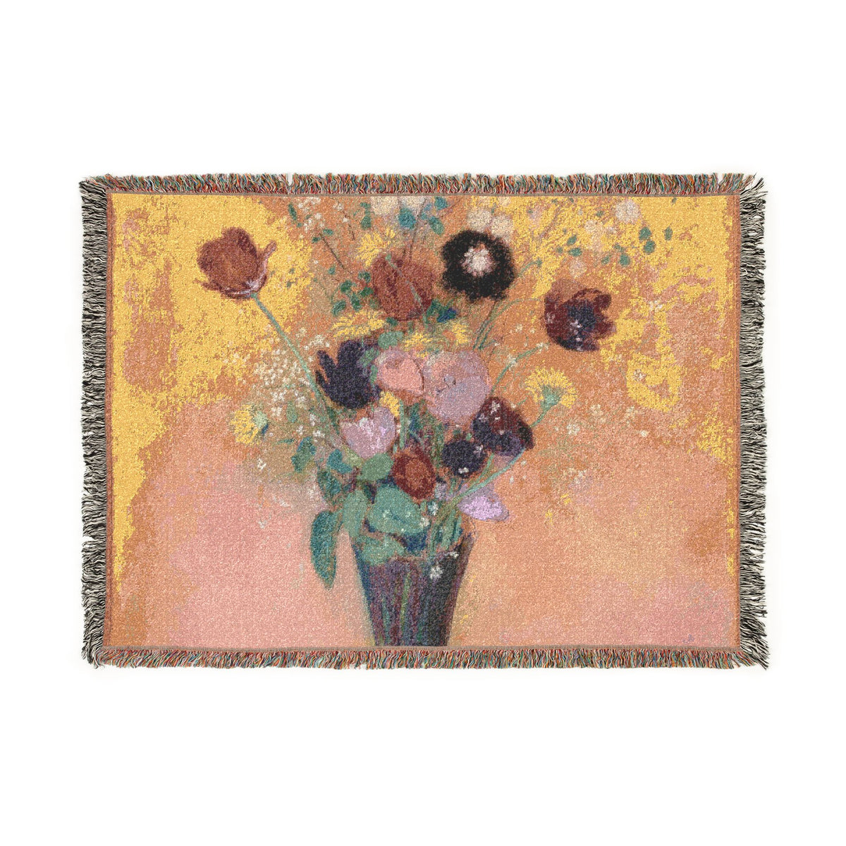 A woven throw blanket featuring a floral bouquet in a vase, with a textured yellow and peach background and fringed edges, shown against a plain white background.