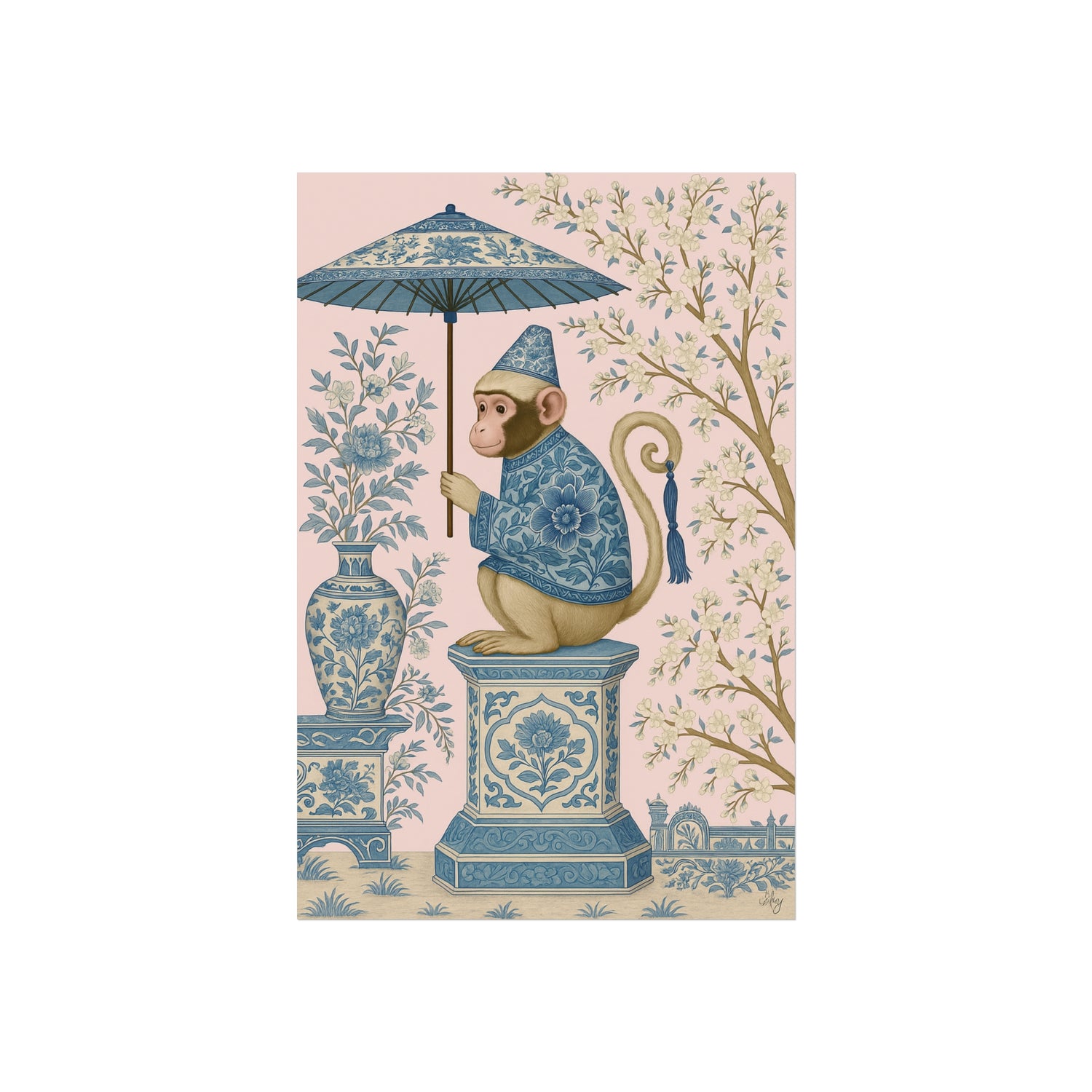 Chinoiserie Blue Monkey on Pedestal Fine Art Poster