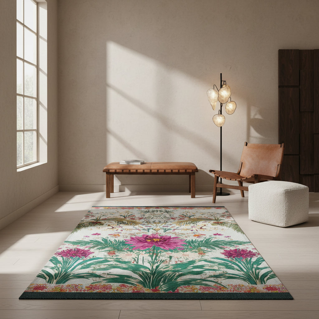 Floral patterned rug with pink flowers and green leaves on a light blue background
