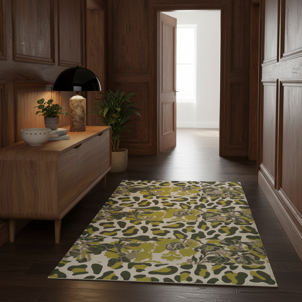 A rectangular area rug with a botanical pattern in olive green, mustard yellow, and dark green on an off-white background, styled on a dark wood floor in a classic wood-paneled hallway.