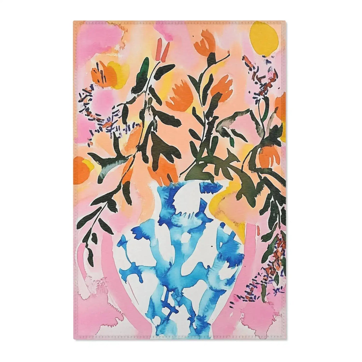 Bright Floral Arrangement in Blue Vase Accent Rug