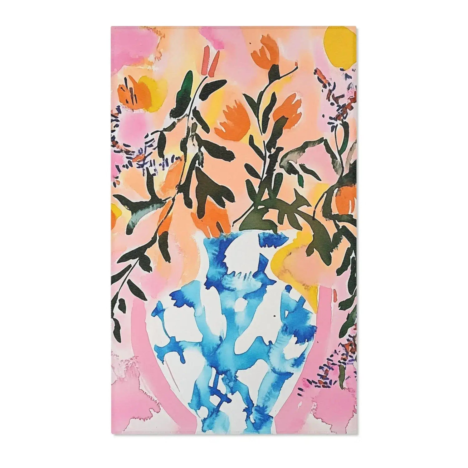 Bright Floral Arrangement in Blue Vase Accent Rug