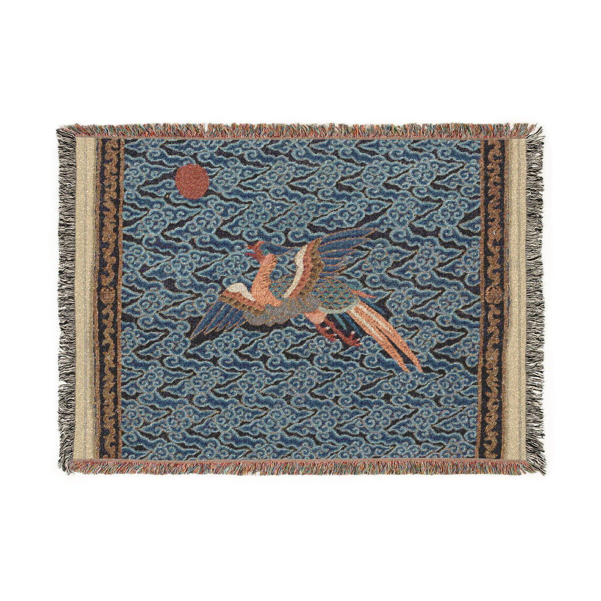A rectangular woven rug with fringe on all sides, featuring a central crane in flight over stylized wave patterns, with a red sun and beige decorative borders.