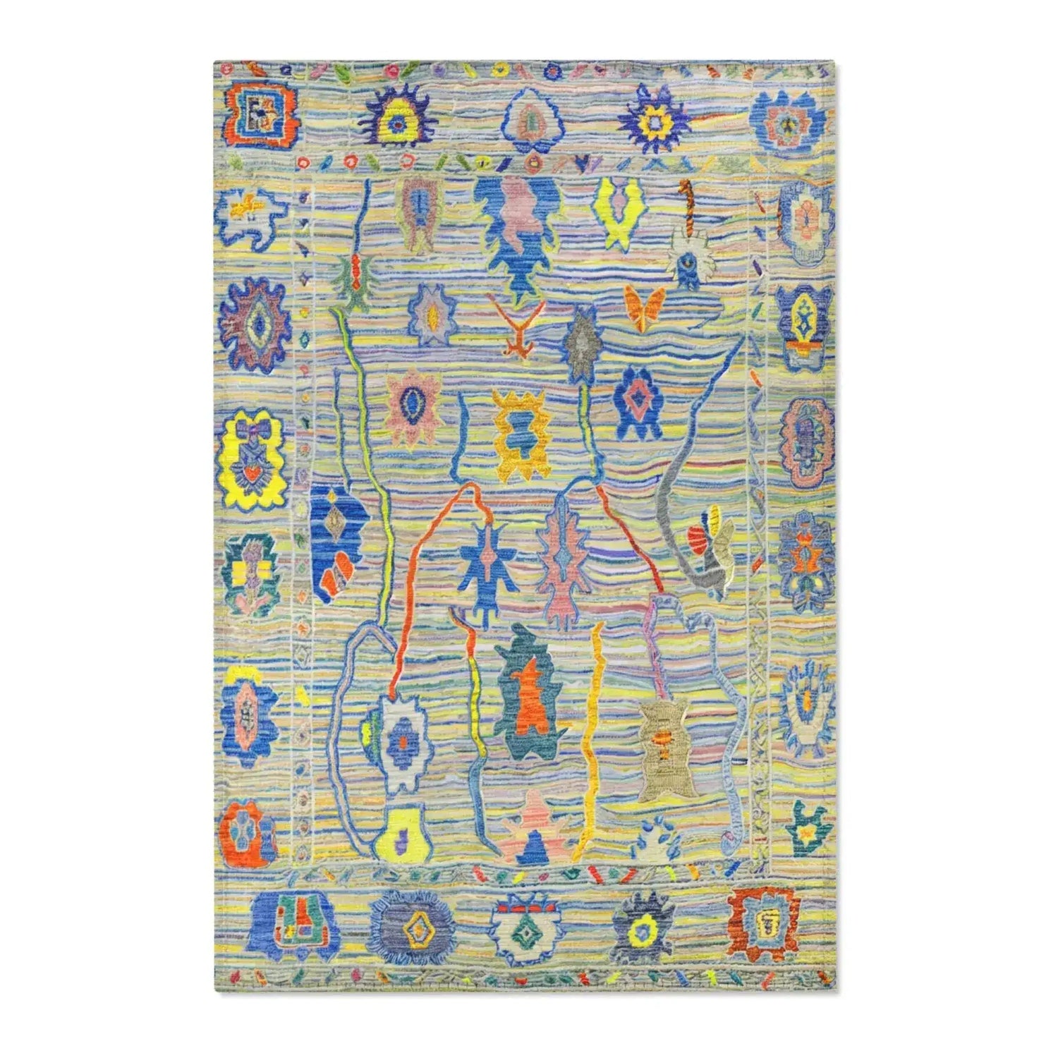 Vibrant Pastel Blue and Yellow Tribal Pattern Accent Rug