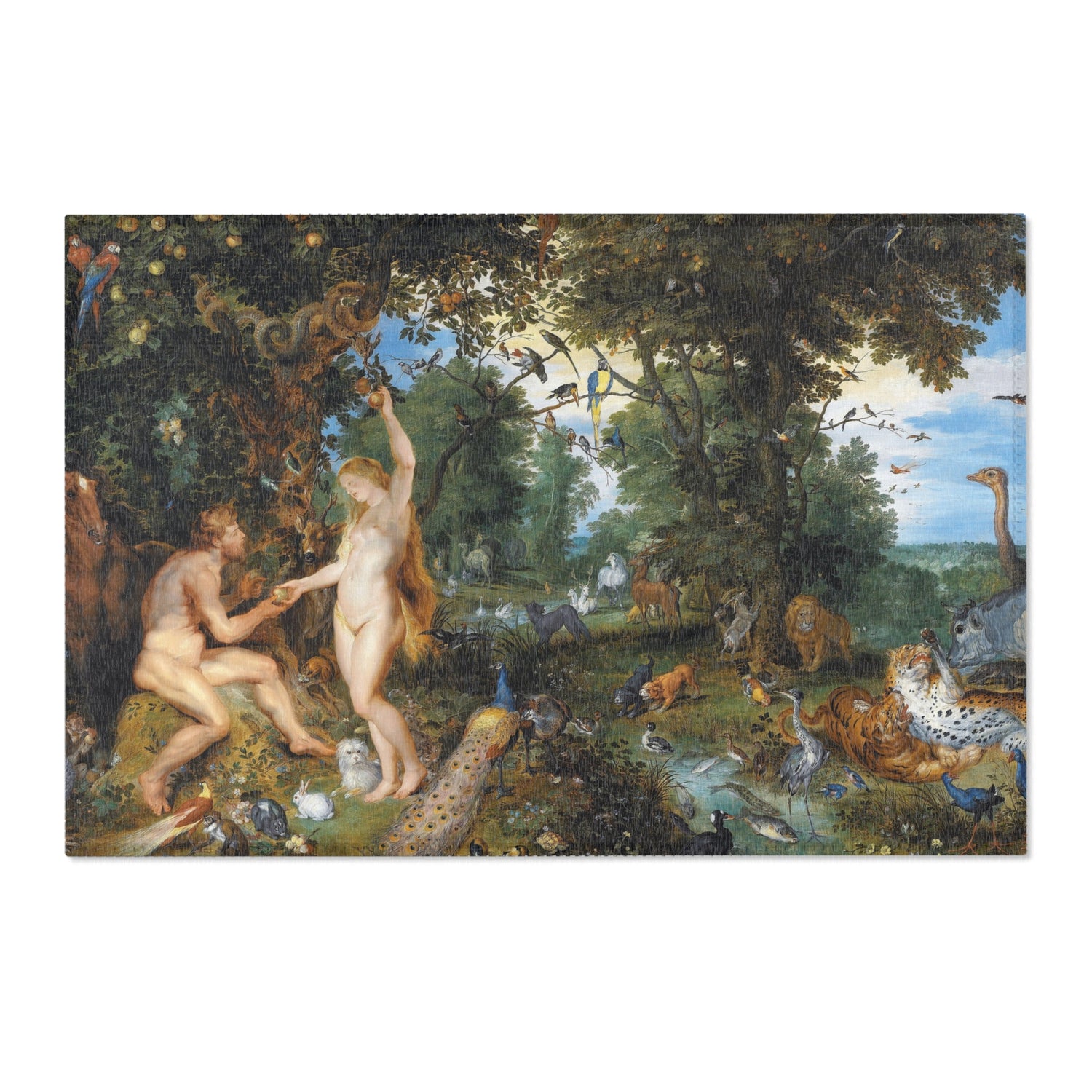 A classic oil painting reproduction of Adam and Eve in an Edenic landscape with various animals, shown as a square print centered on a white background.